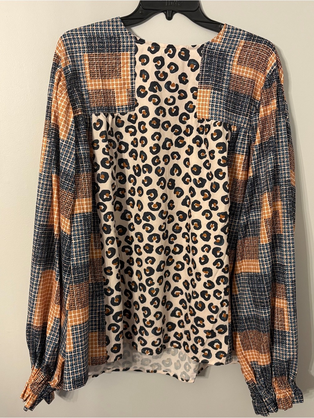 Mazik Mixed Plaid & Leopard Print Long Sleeve Blouse in Navy and Tan Size Large